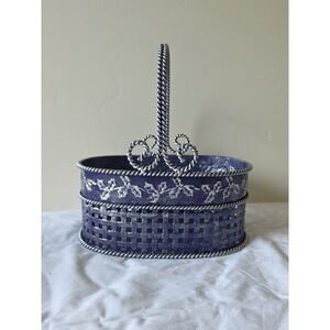 Metal Basket Blue And Silver With Holly Leaves And‎ Handle